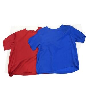 Lot 2 silk short sleeve career tops. Red blue capsule wardrobe pop of color Sz M